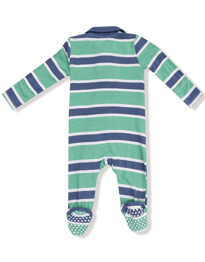 Angel Dear Rugby Stripe Green and Navy Polo 2 Way Zipper Footie