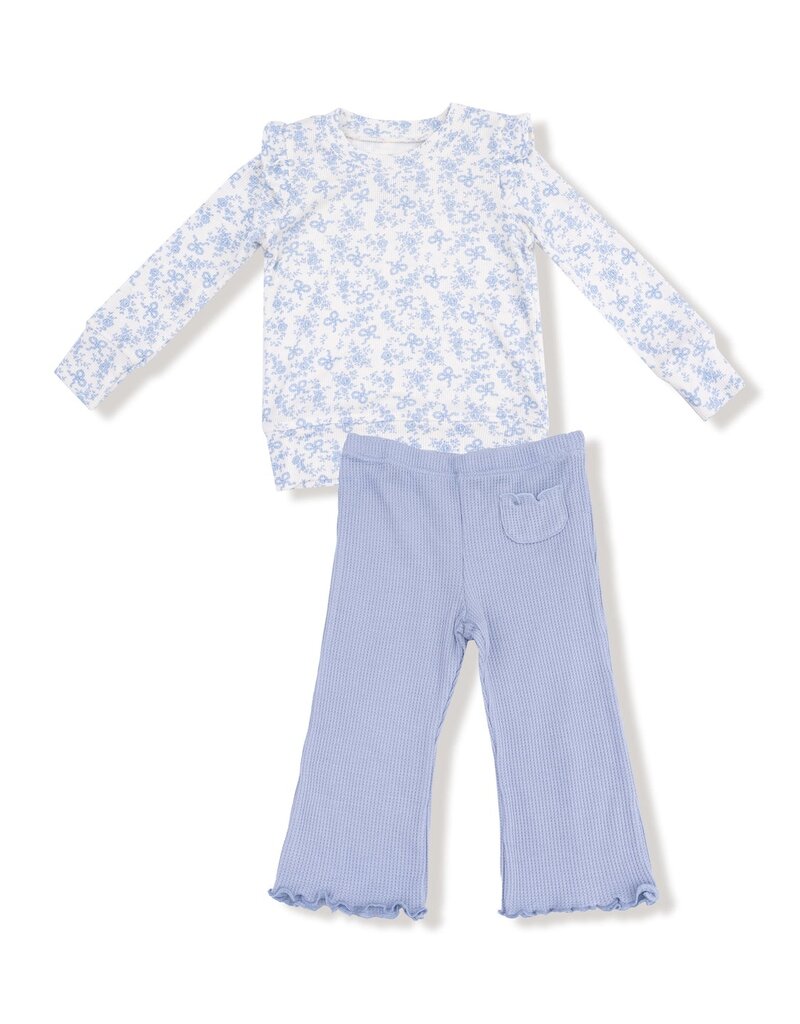 Angel Dear Romi Floral Ruffle Shoulder Rib Shirt Waffle Flare Pant