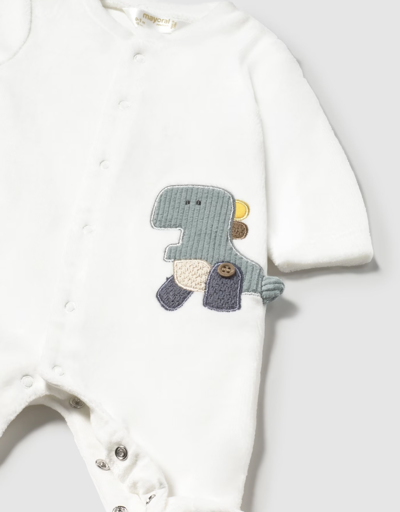 Mayoral White Velour Footie w/Dino Applique
