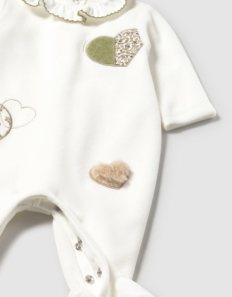 Mayoral Cream Velour Collared Footie w/Hearts