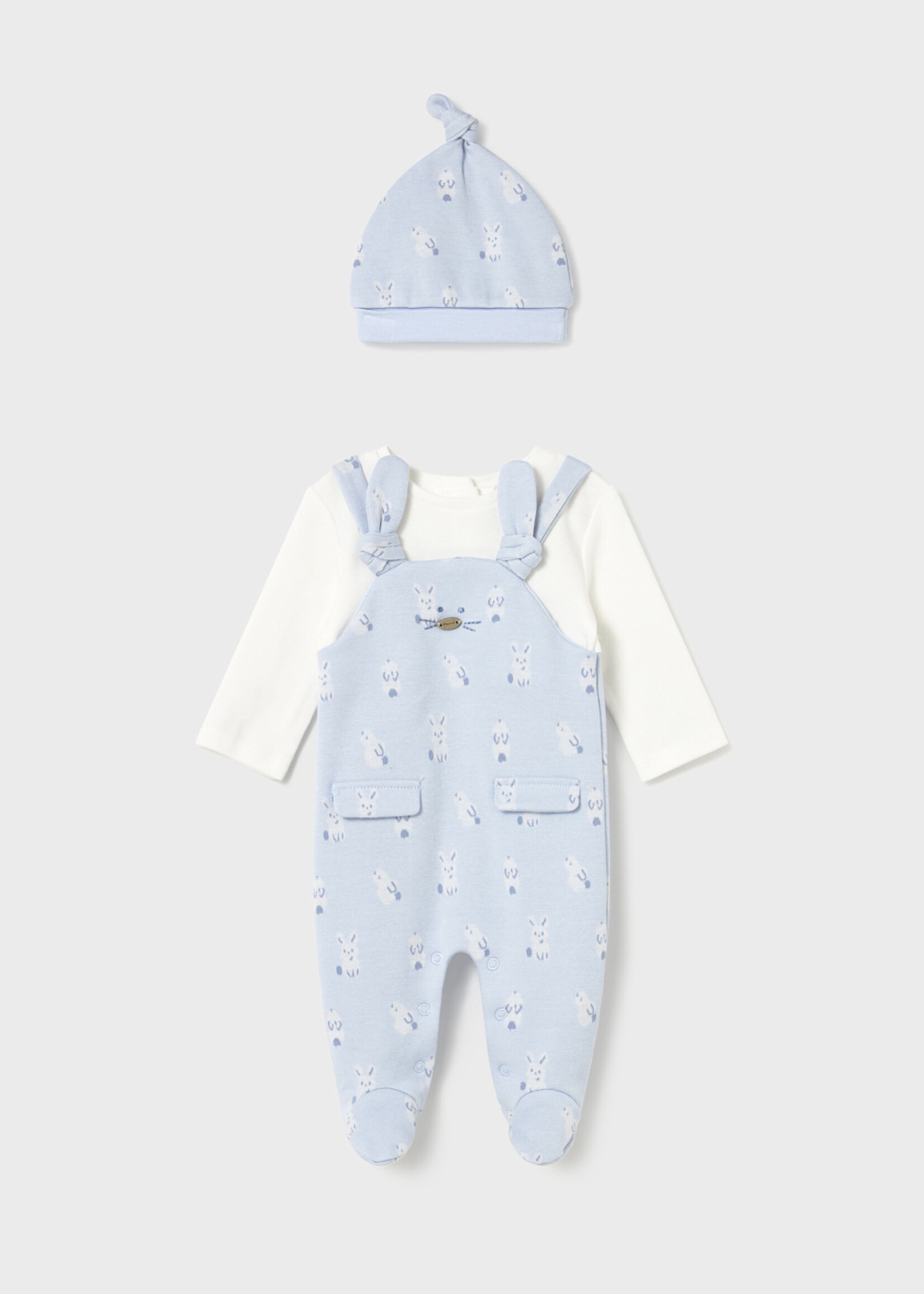 Mayoral Sky Blue Overall 3pc Set Bunnies