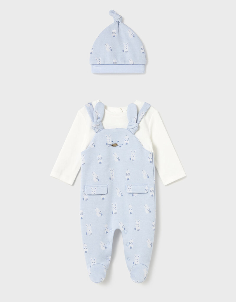 Mayoral Sky Blue Overall 3pc Set Bunnies