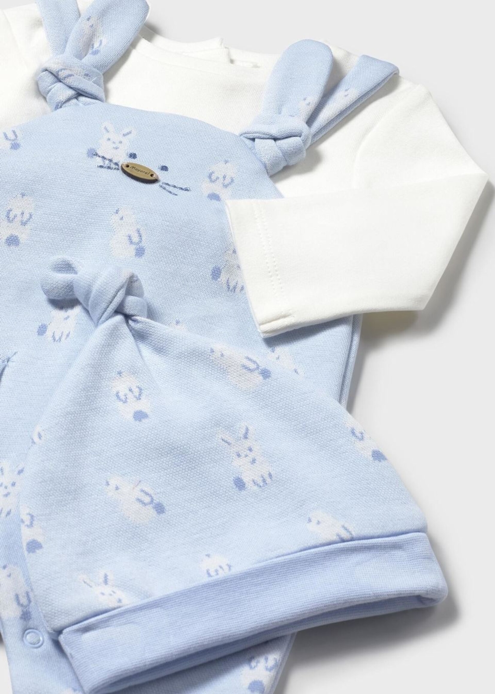 Mayoral Sky Blue Overall 3pc Set Bunnies