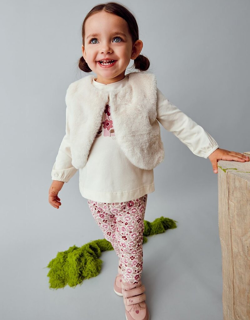 Mayoral Flowered Top Pant and Faux Fur Vest Set