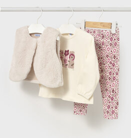 Mayoral Flowered Top Pant and Faux Fur Vest Set