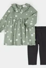 Petit Lem DAISY PRINT SAGE GREEN RIBBED DRESS SET