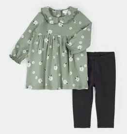 Petit Lem DAISY PRINT SAGE GREEN RIBBED DRESS SET