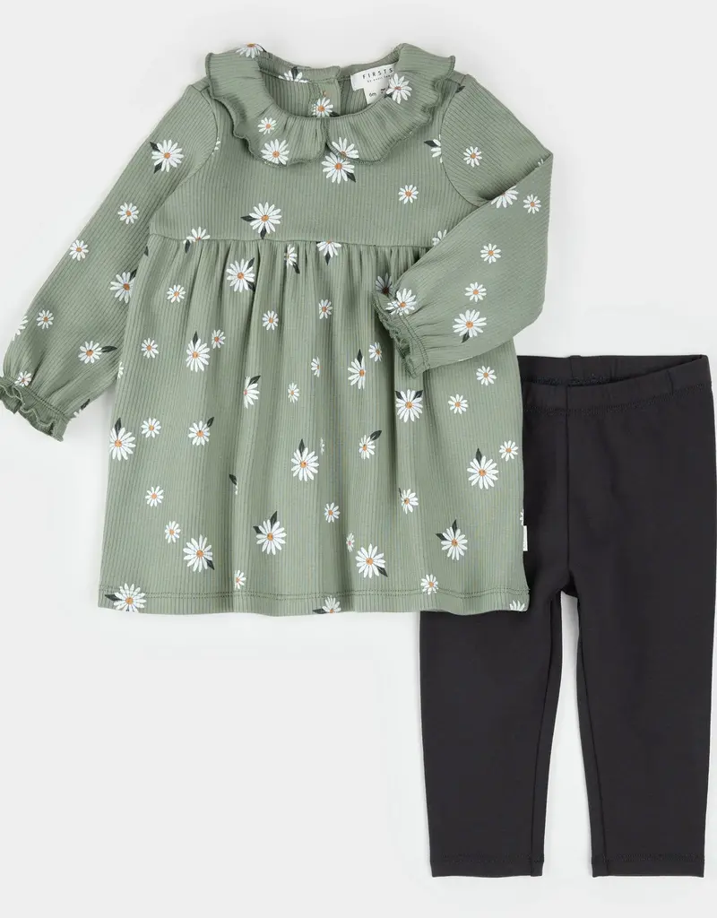 Petit Lem DAISY PRINT SAGE GREEN RIBBED DRESS SET