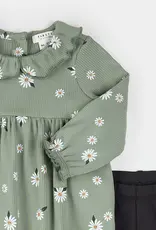 Petit Lem DAISY PRINT SAGE GREEN RIBBED DRESS SET