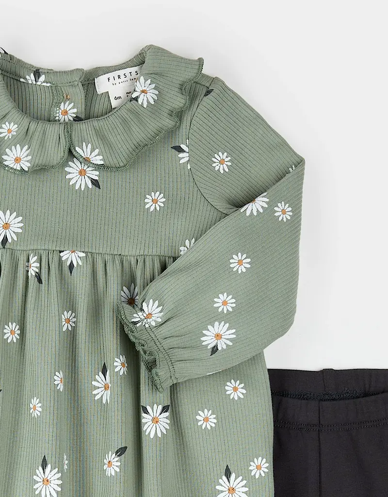 Petit Lem DAISY PRINT SAGE GREEN RIBBED DRESS SET