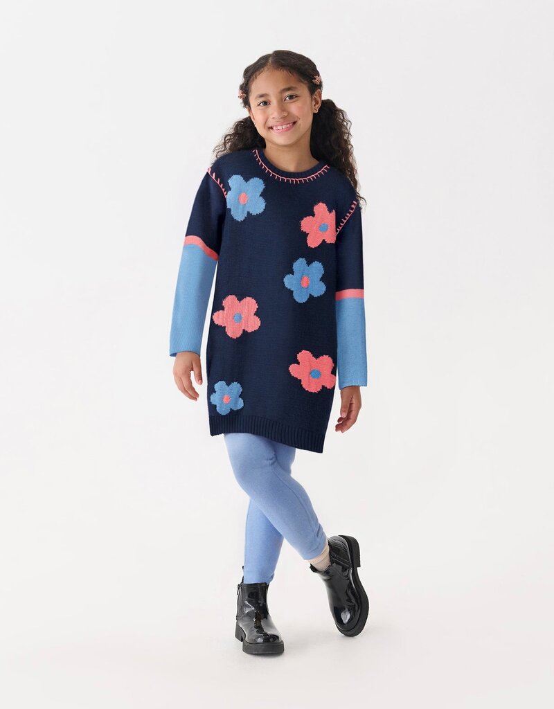 Hatley Kids navy flower drop shoulder sweater dress