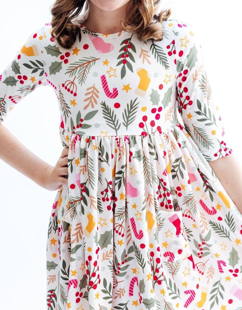 Mila & Rose Holly Jolly Christmas 3/4 Sleeve Pocket Twirl Dress