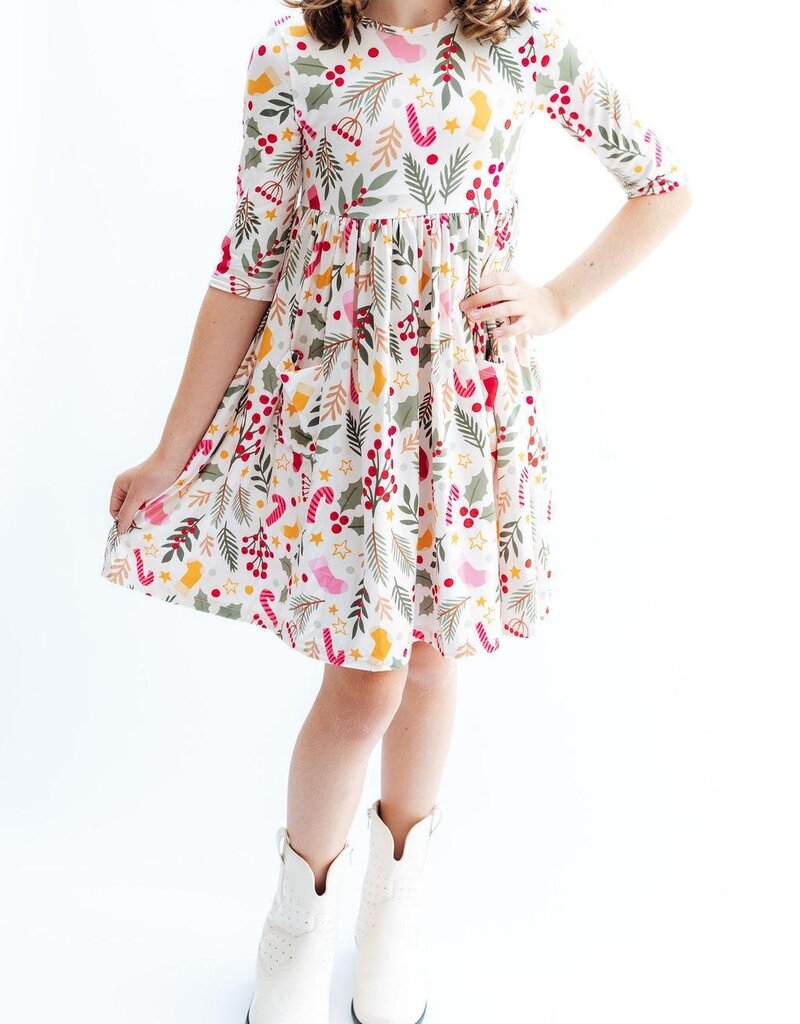 Mila & Rose Holly Jolly Christmas 3/4 Sleeve Pocket Twirl Dress