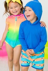 RuffleButts Dolphin Hem Swim Trunks Neon Sharks Stripes