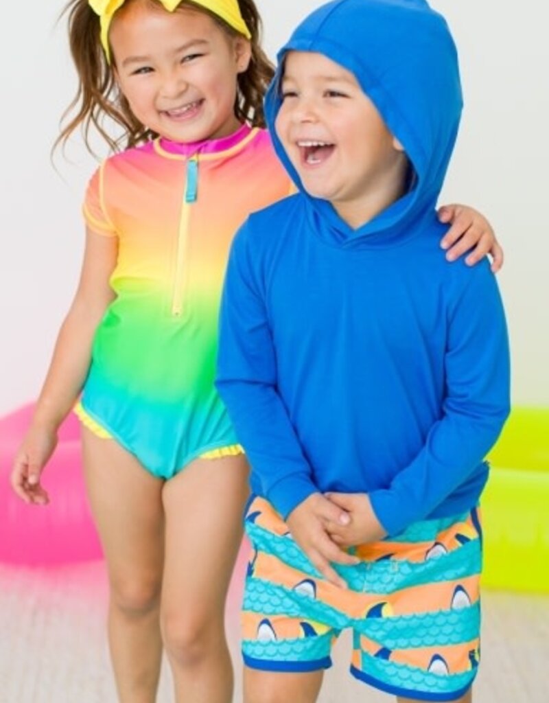 RuffleButts Dolphin Hem Swim Trunks Neon Sharks Stripes