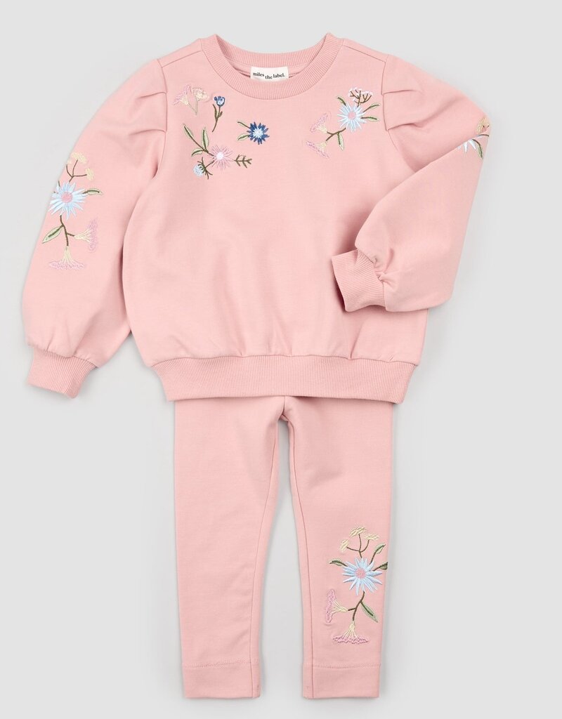 miles the label L/S PINK TOP W/EMB FLOWERS LEGGING SET