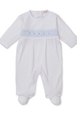 Kissy Kissy white footie w/blue hand smocking