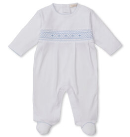 Kissy Kissy white footie w/blue hand smocking