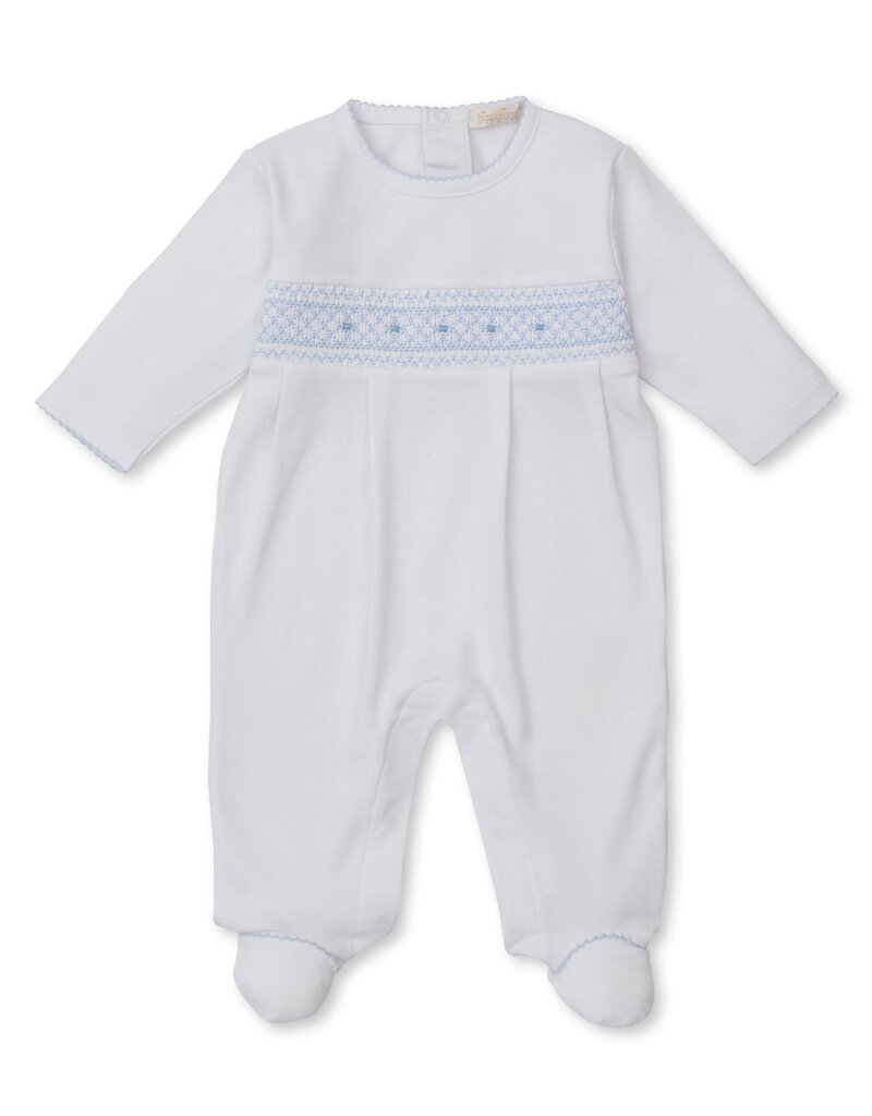 Kissy Kissy white footie w/blue hand smocking