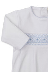 Kissy Kissy white footie w/blue hand smocking