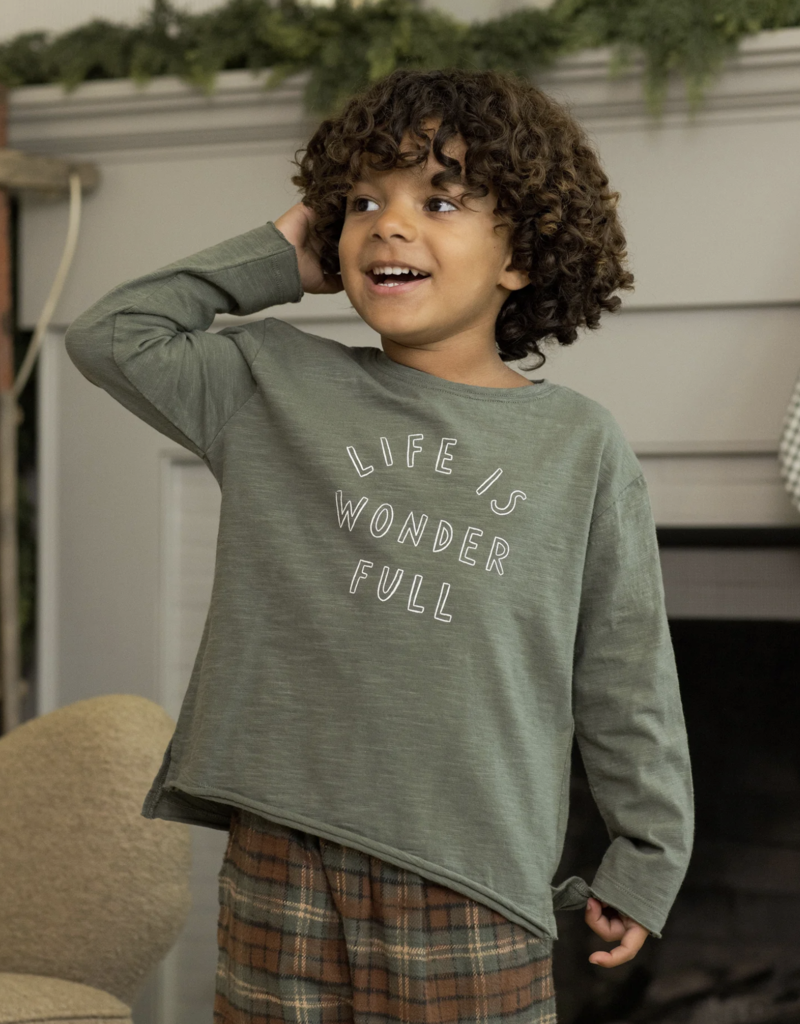 Rylee + Cru Inc. RAW EDGE L/S TEE || LIFE IS WONDER FULL EVERGREEN
