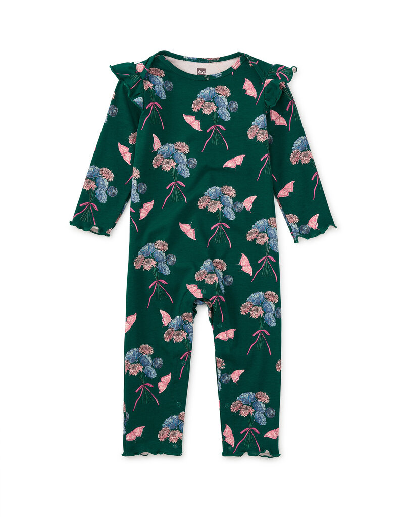 Tea Collection Ruffle Shoulder Romper Floral Butterfly Bouquet