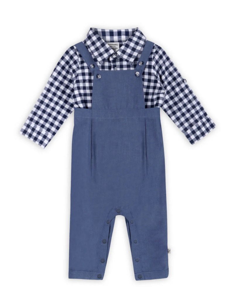Viverano Oxford Gingham Shirt Overall Jumpsuit Navy/White