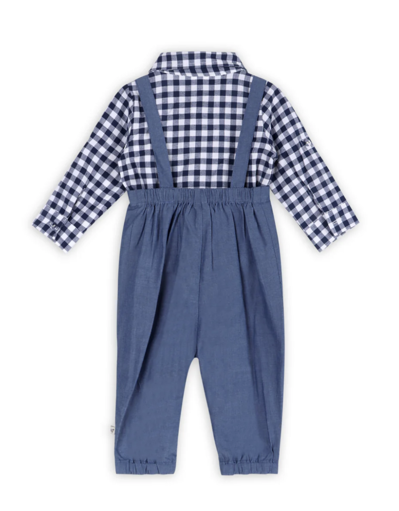 Viverano Oxford Gingham Shirt Overall Jumpsuit Navy/White