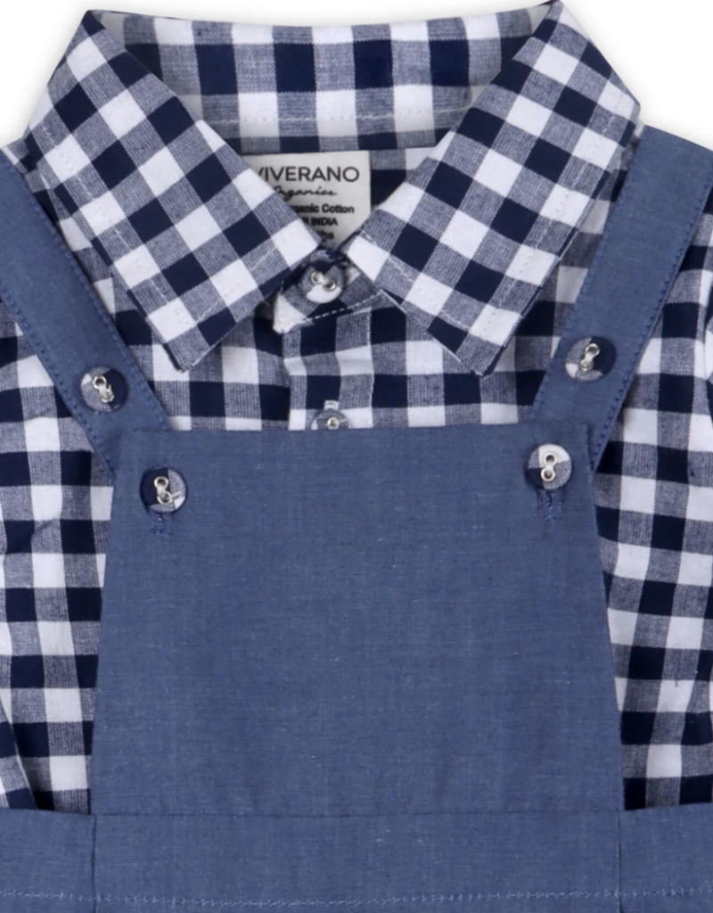 Viverano Oxford Gingham Shirt Overall Jumpsuit Navy/White