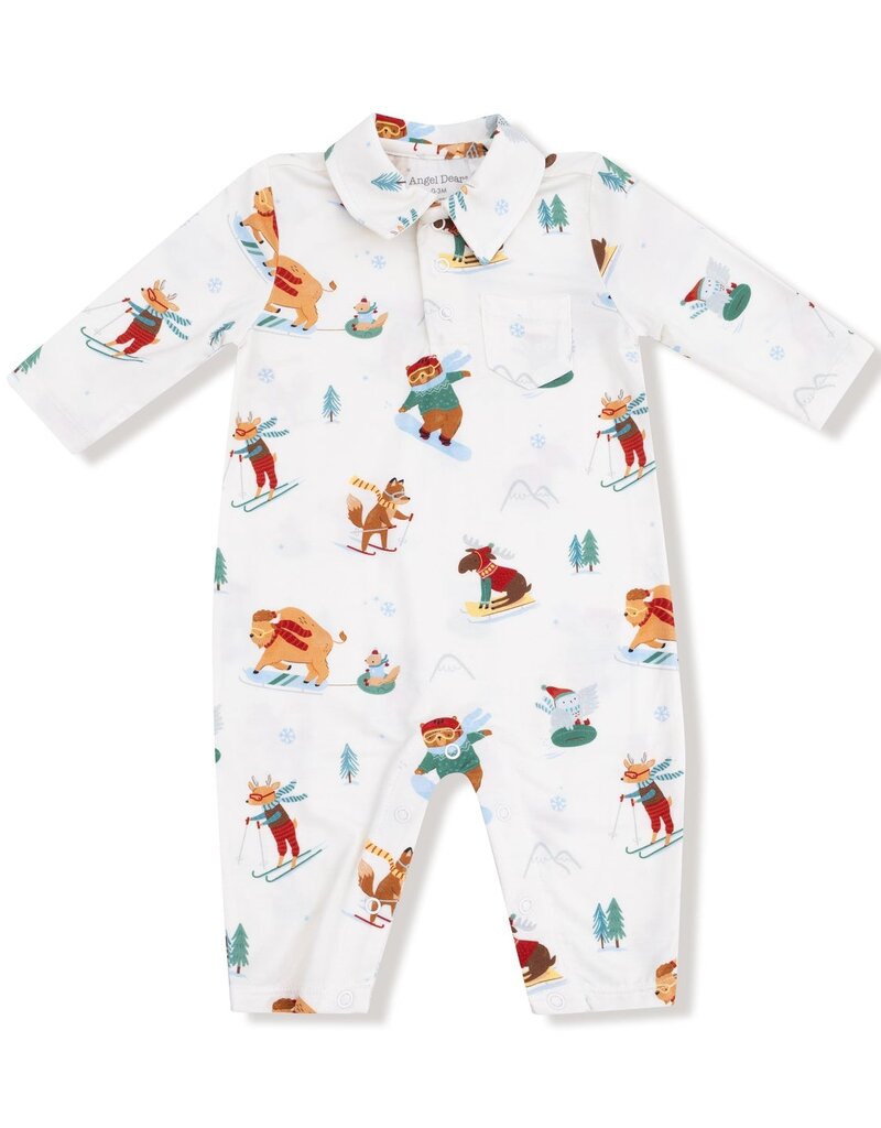 Angel Dear Winter Animal Sports Polo Romper Ivory