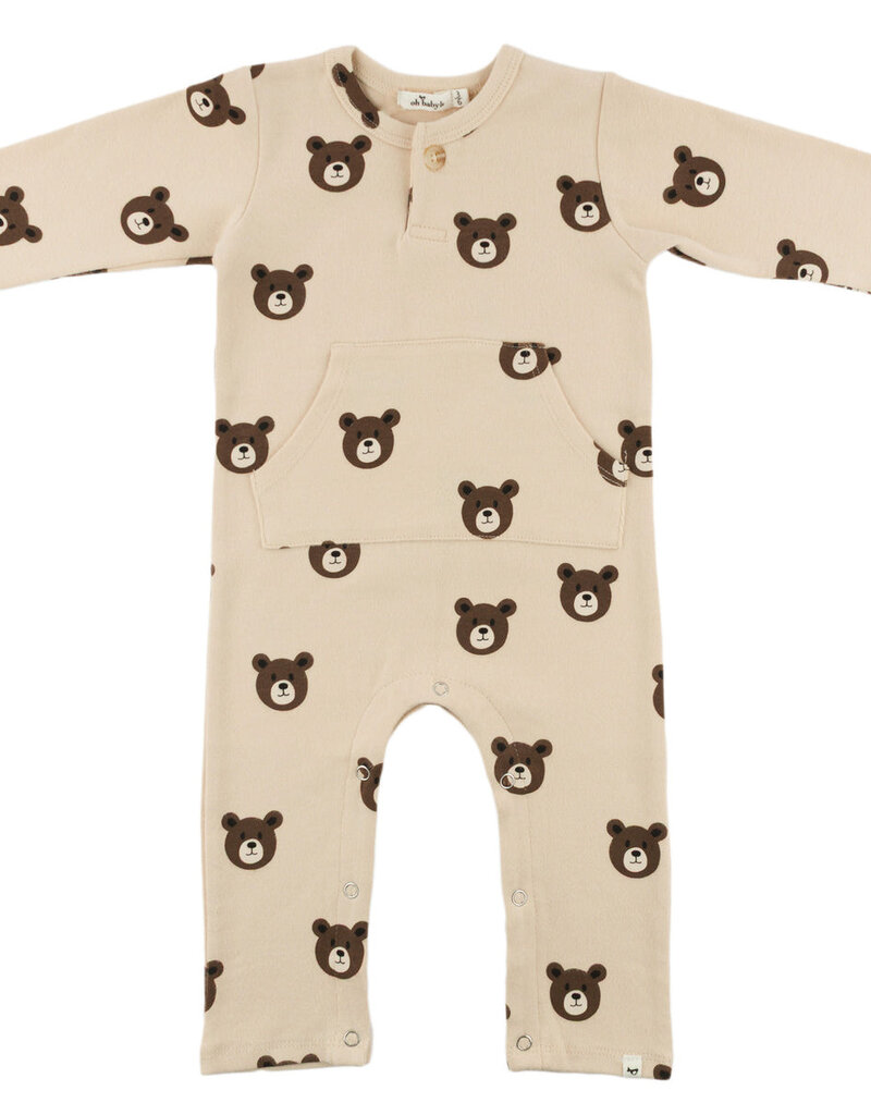 oh baby! BEAR FACES L/S BUTTON ROMPER W/KANGAROO PKT