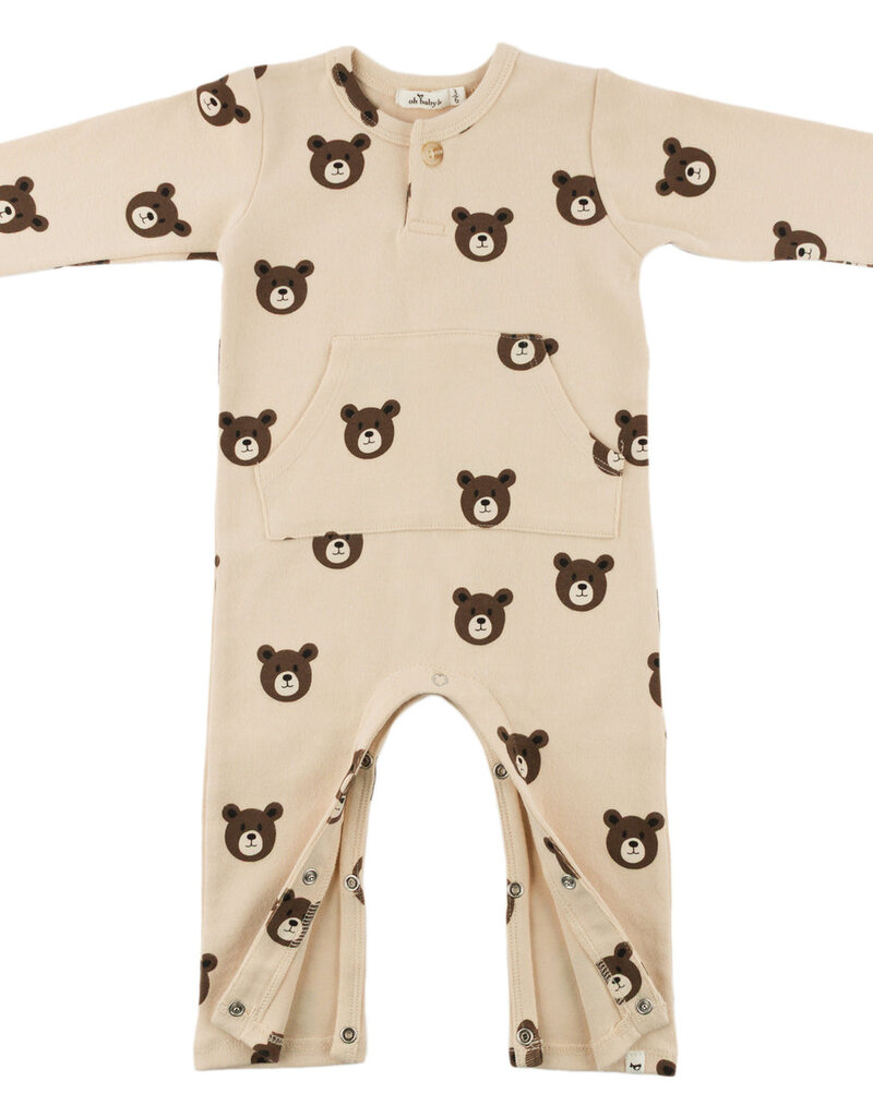oh baby! BEAR FACES L/S BUTTON ROMPER W/KANGAROO PKT