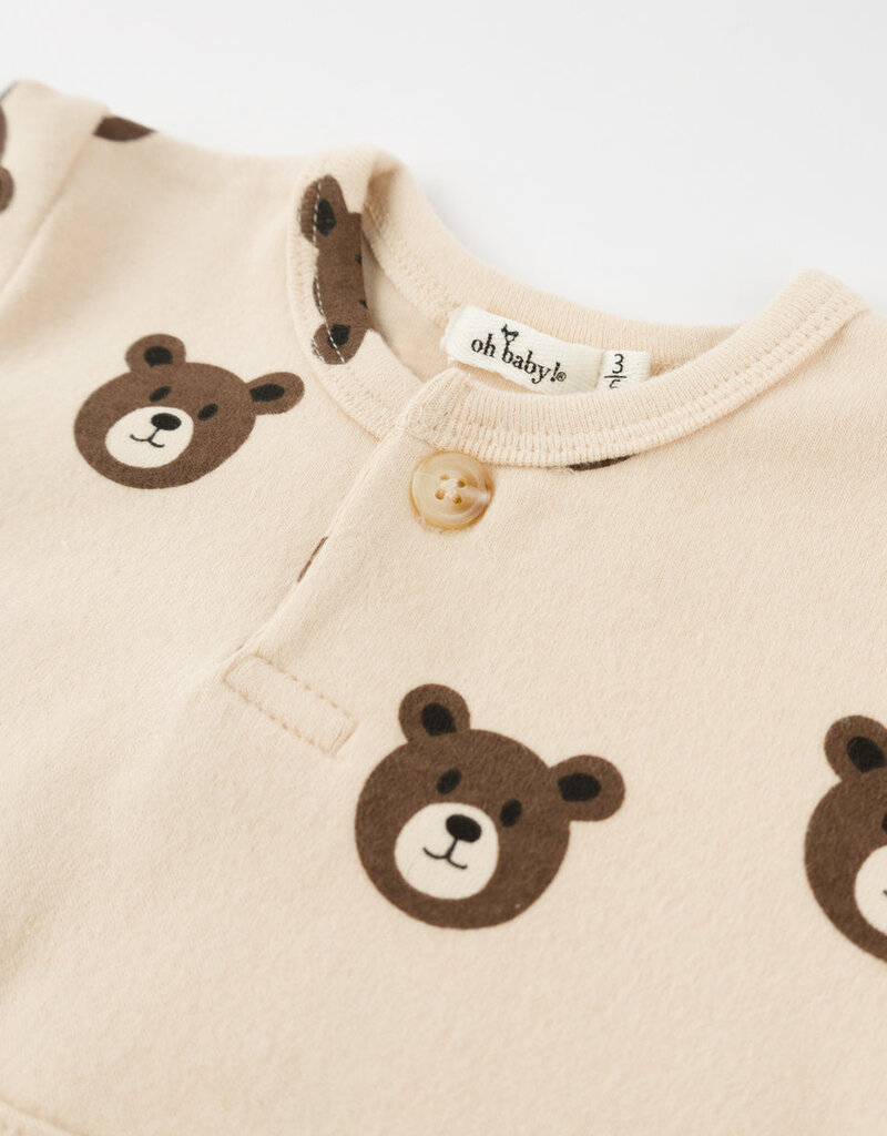 oh baby! BEAR FACES L/S BUTTON ROMPER W/KANGAROO PKT