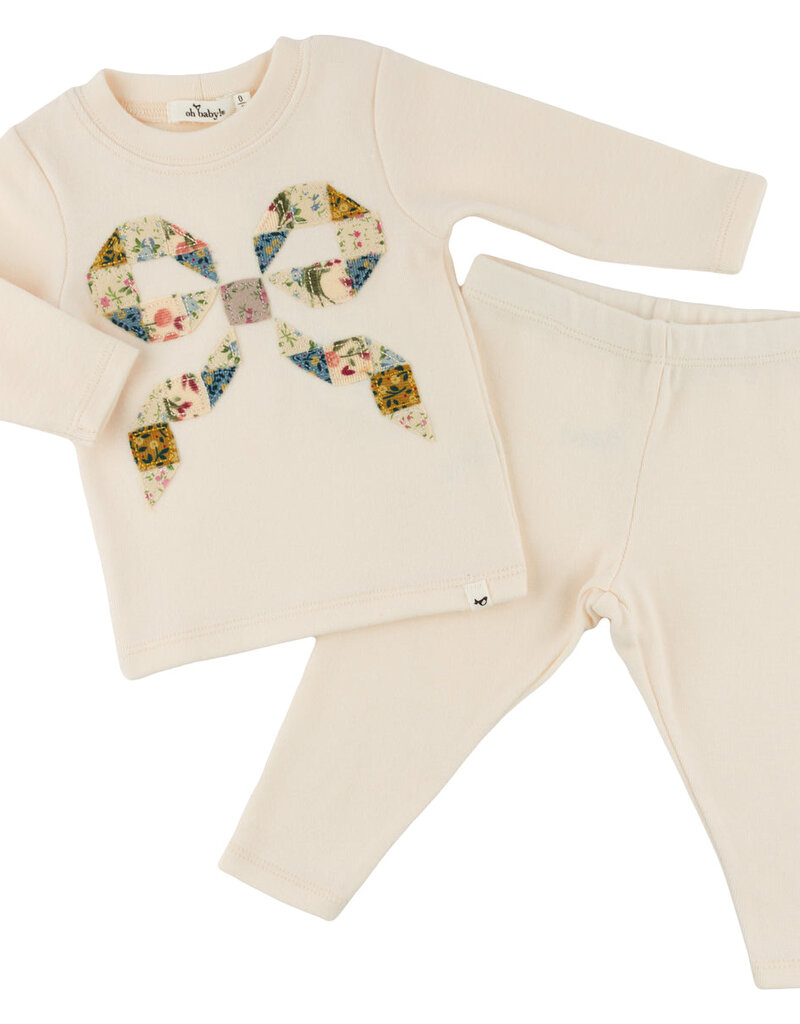 oh baby! FLORAL QUILT BOW BABY RIB 2PC SET NATURAL