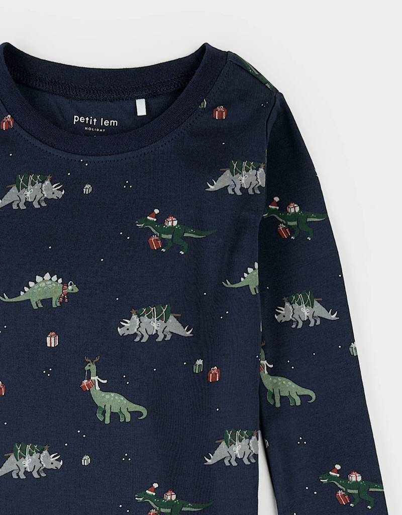 Petit Lem HOLIDAY DINOSAUR PRINT NAVY PJ SET