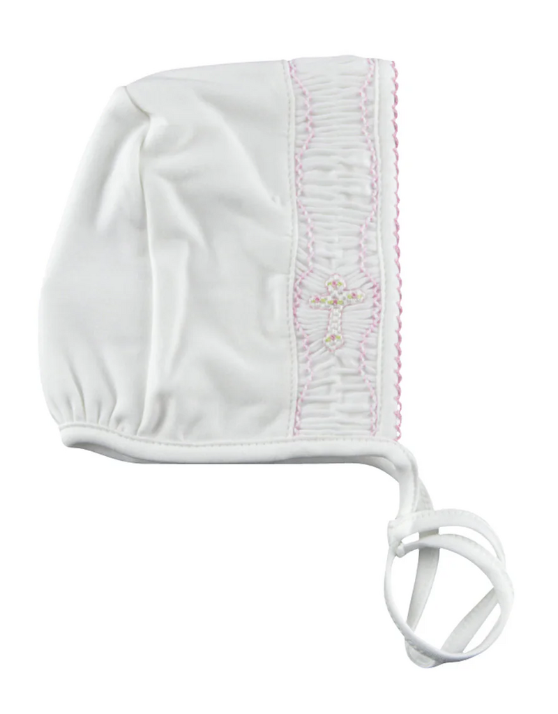 Baby Girls Hand Smocked Cross Bonnet NB