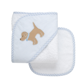 3 Marthas Puppy Applique Hooded Towel Washcloth Set Blue
