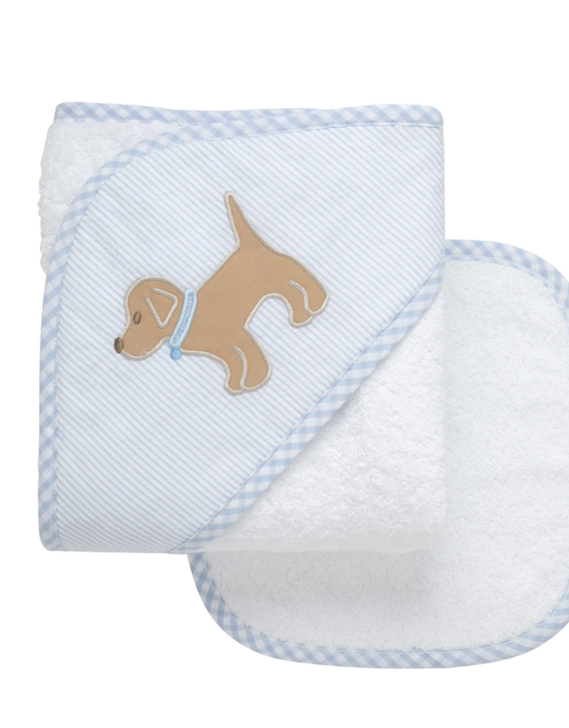 3 Marthas Puppy Applique Hooded Towel Washcloth Set Blue