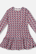 Deux par Deux Organic Cotton Dress w/Flounce Hem Blue Apple Print