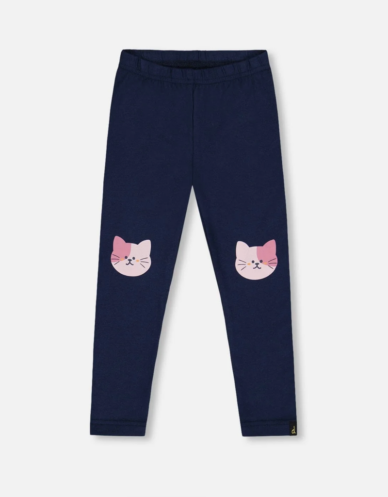 Deux par Deux Organic Cotton Jersey Leggings Dark Blue w/Cats