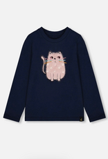 Deux par Deux Organic Cotton T-Shirt Dark Blue w/Cat