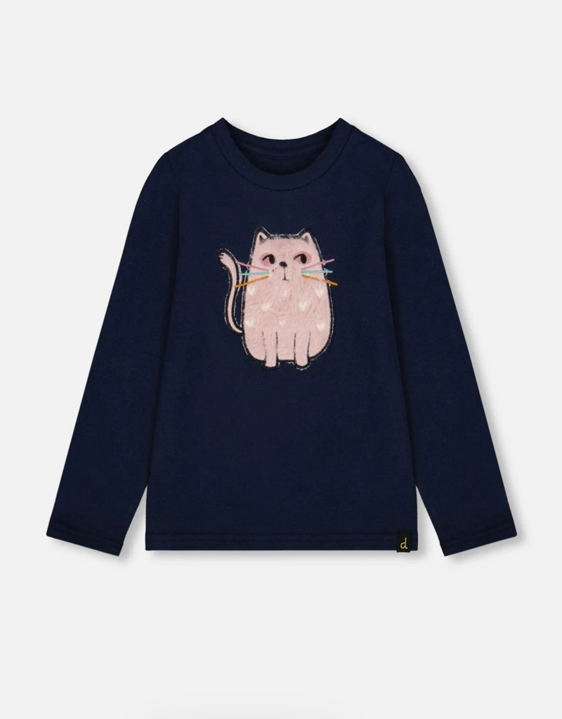 Deux par Deux Organic Cotton T-Shirt Dark Blue w/Cat