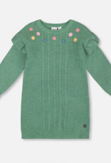 Deux par Deux Knitted Dress Sage Green w/Ruffles Floral Embroidery