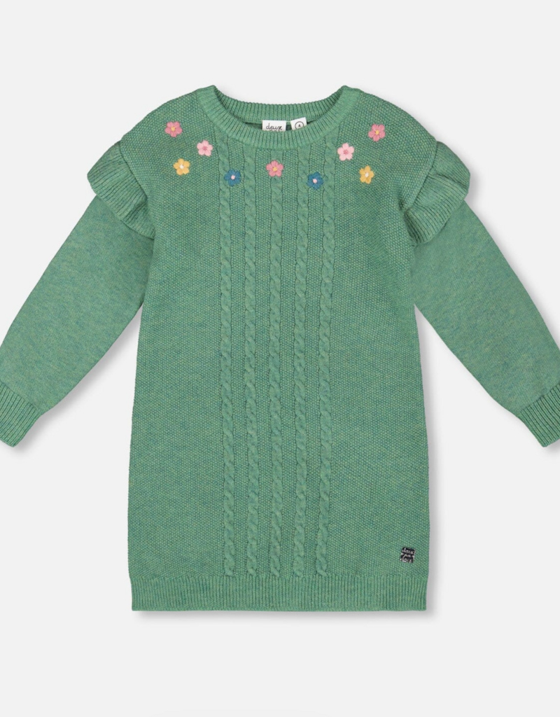 Deux par Deux Knitted Dress Sage Green w/Ruffles Floral Embroidery