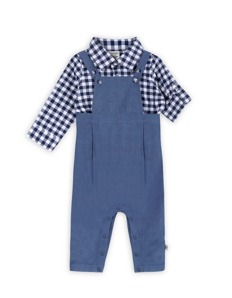 Viverano Oxford Gingham Shirt Overall Jumpsuit Navy/White