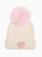 Sweet Wink Pearl Heart Patch Pom Pom Beanie