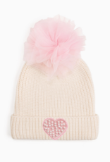 Sweet Wink Pearl Heart Patch Pom Pom Beanie
