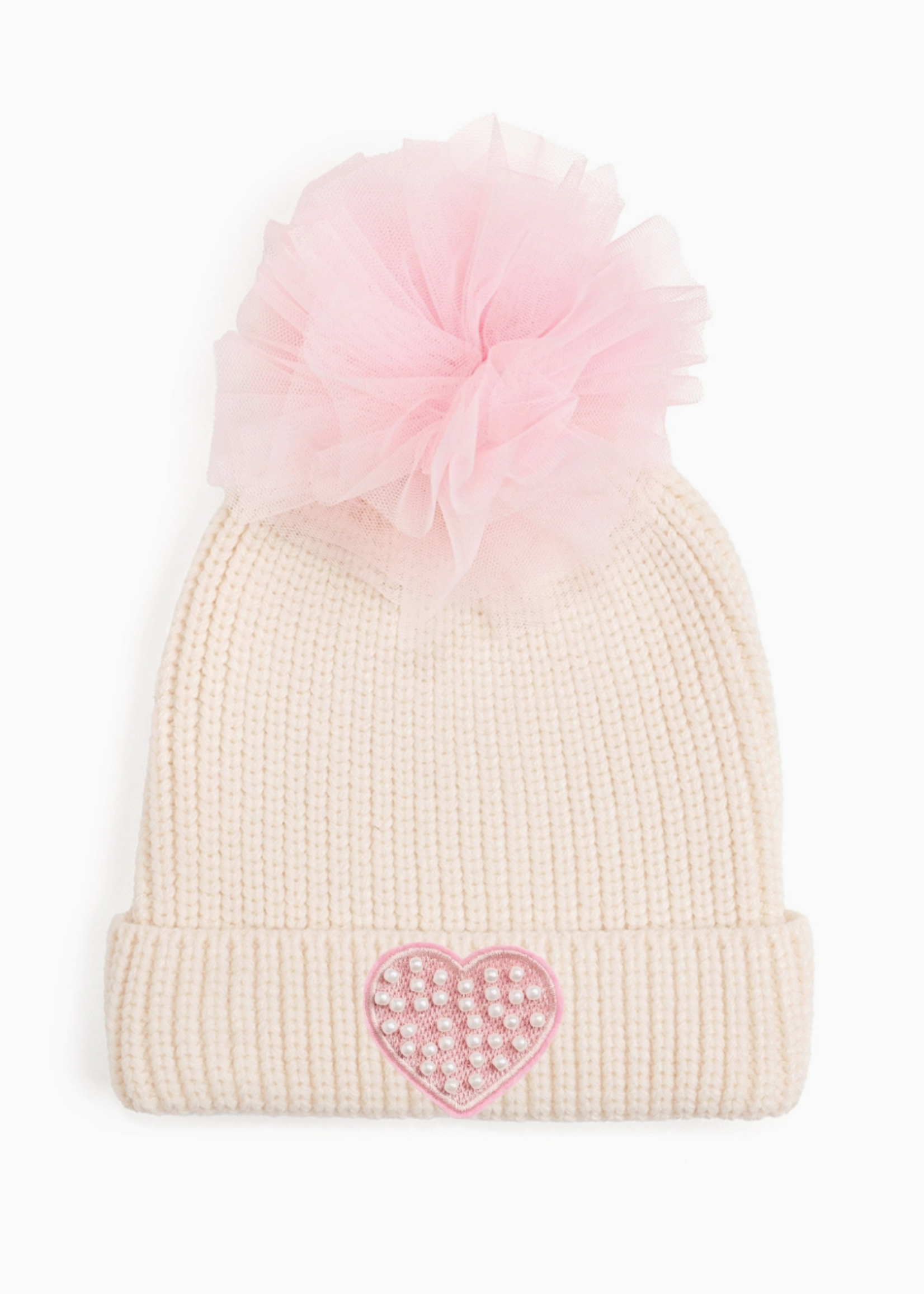 Sweet Wink Pearl Heart Patch Pom Pom Beanie