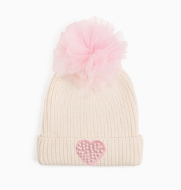 Sweet Wink Pearl Heart Patch Pom Pom Beanie