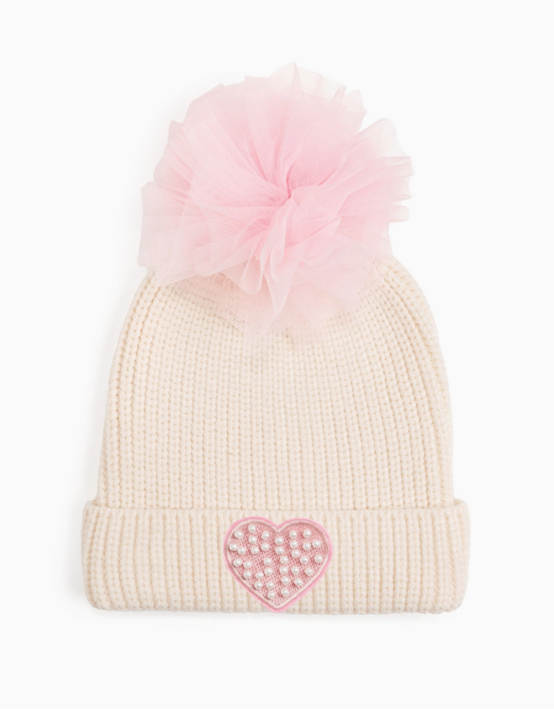 Sweet Wink Pearl Heart Patch Pom Pom Beanie